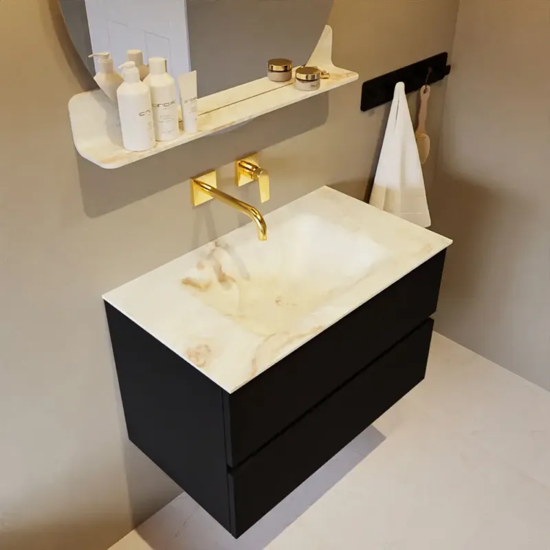 Betrouwbaar Mondiaz Vica DLux badmeubel 80cm urban 2 lades met wastafel frappe midden zonder kraangat