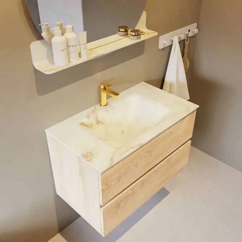 Betrouwbaar Mondiaz Vica DLux badmeubel 80cm washed oak 2 lades met wastafel frappe midden 1 kraangat