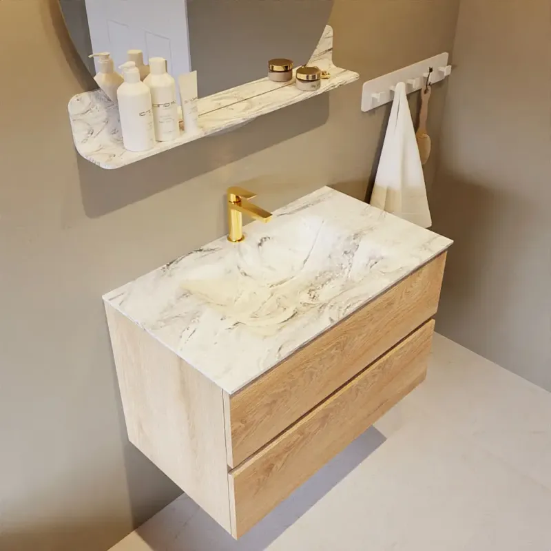 Koop Vandaag Mondiaz Vica DLux badmeubel 80cm washed oak 2 lades met wastafel glace midden 1 kraangat