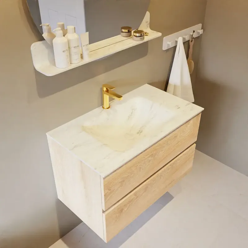 Veilige Betaling Mondiaz Vica DLux badmeubel 80cm washed oak 2 lades met wastafel opalo midden 1 kraangat