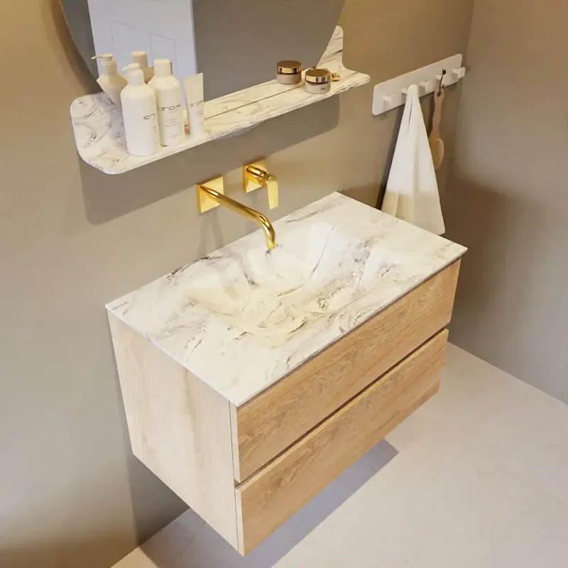 Mondiaz Vica DLux badmeubel 80cm washed oak 2 lades met wastafel glace midden zonder kraangat Nieuw