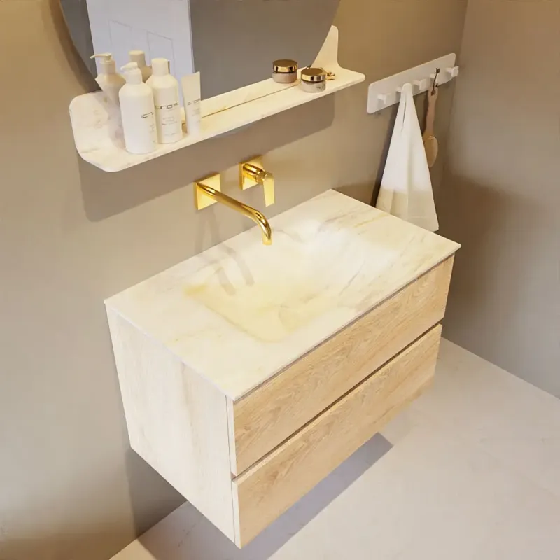 Speciale Aanbieding Mondiaz Vica DLux badmeubel 80cm washed oak 2 lades met wastafel ostra midden zonder kraangat