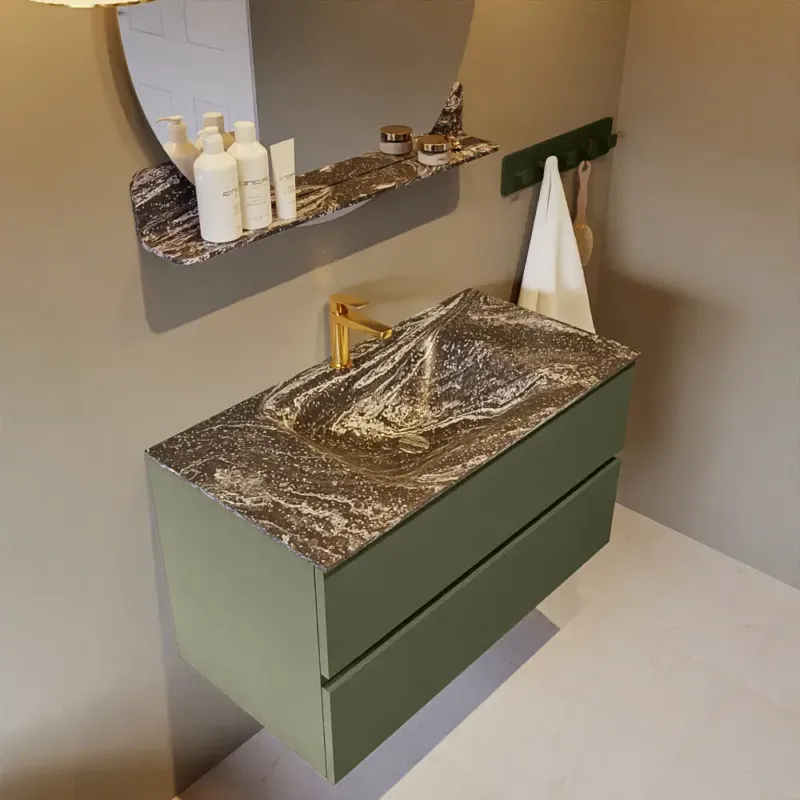 Hoge Kwaliteit Mondiaz Vica DLux badmeubel 90cm army 2 lades met wastafel lava midden 1 kraangat