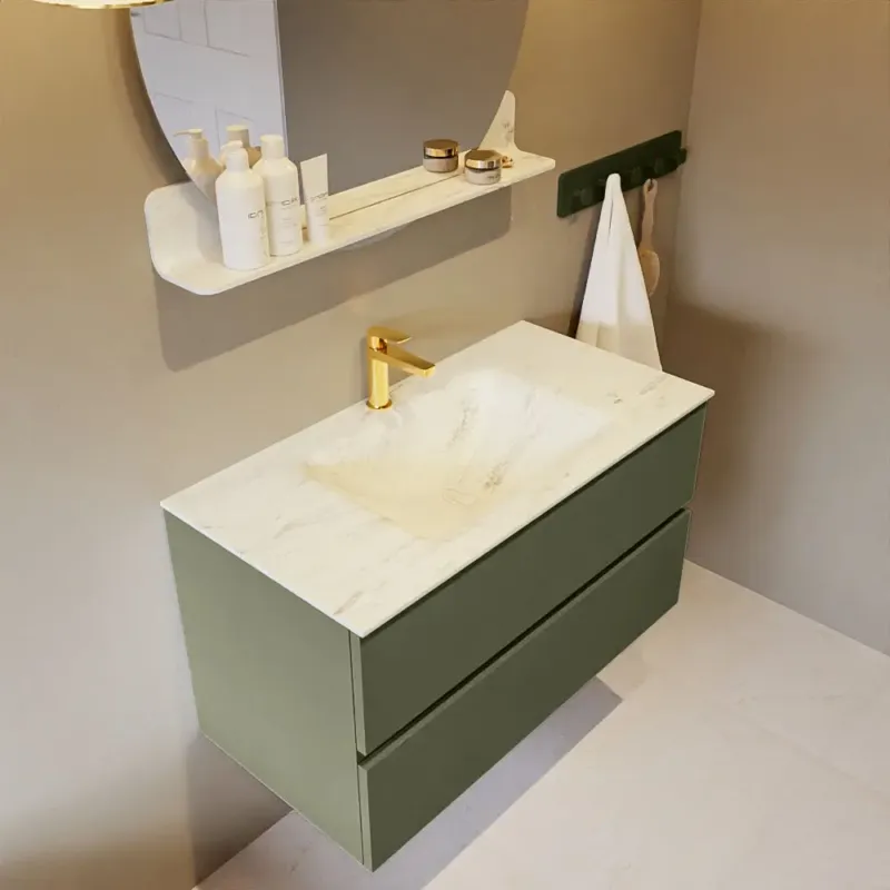 Laatste Kans Mondiaz Vica DLux badmeubel 90cm army 2 lades met wastafel opalo midden 1 kraangat