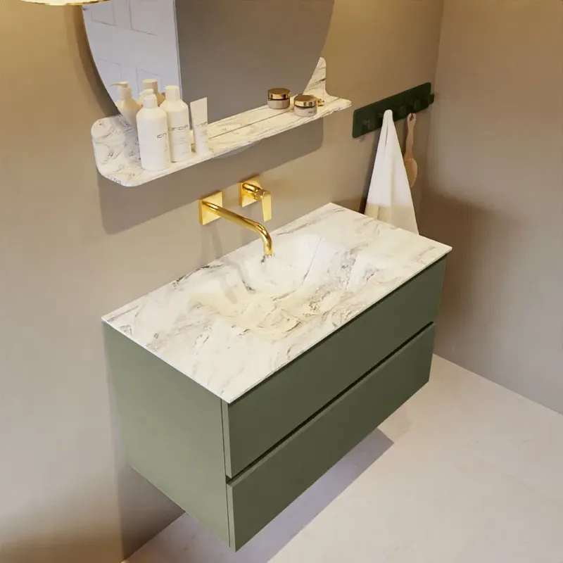 Nu Kopen Mondiaz Vica DLux badmeubel 90cm army 2 lades met wastafel glace midden zonder kraangat
