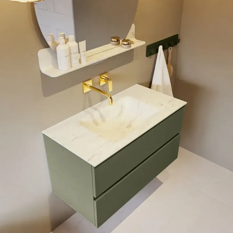 Beste Prijs Mondiaz Vica DLux badmeubel 90cm army 2 lades met wastafel opalo midden zonder kraangat