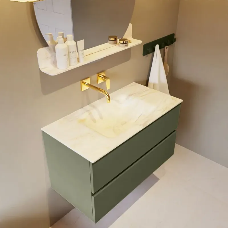 Actieprijs Mondiaz Vica DLux badmeubel 90cm army 2 lades met wastafel ostra midden zonder kraangat