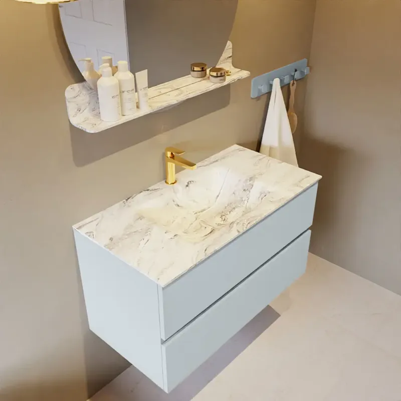 Nieuw Mondiaz Vica DLux badmeubel 90cm clay 2 lades met wastafel glace midden 1 kraangat