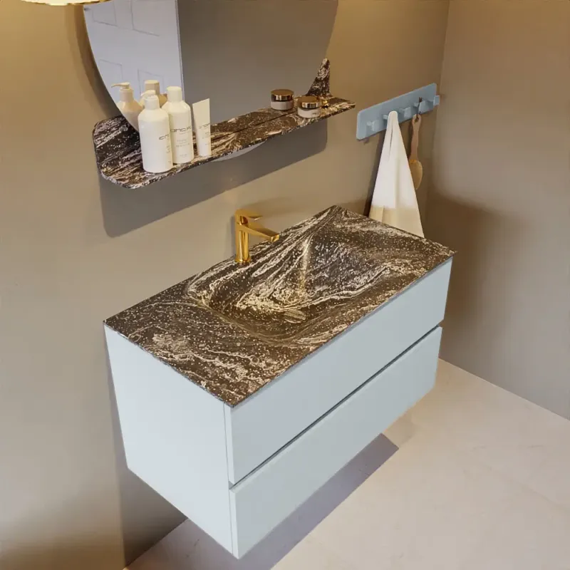 Mondiaz Vica DLux badmeubel 90cm clay 2 lades met wastafel lava midden 1 kraangat Beperkte Voorraad