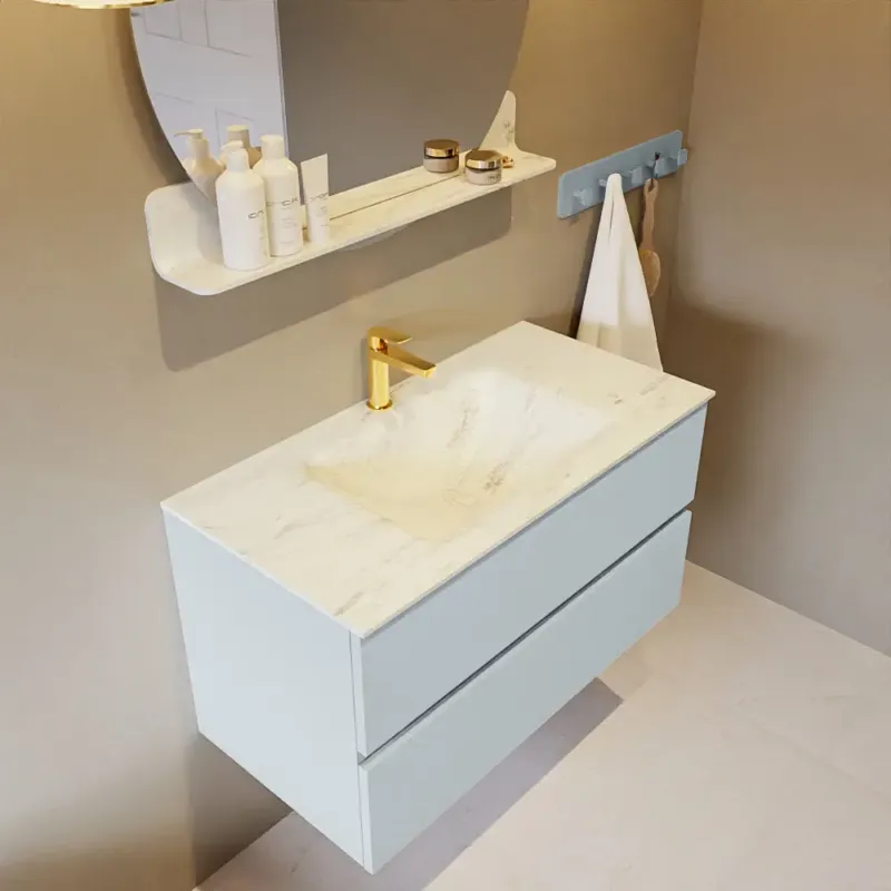 Voordeelprijs Mondiaz Vica DLux badmeubel 90cm clay 2 lades met wastafel opalo midden 1 kraangat