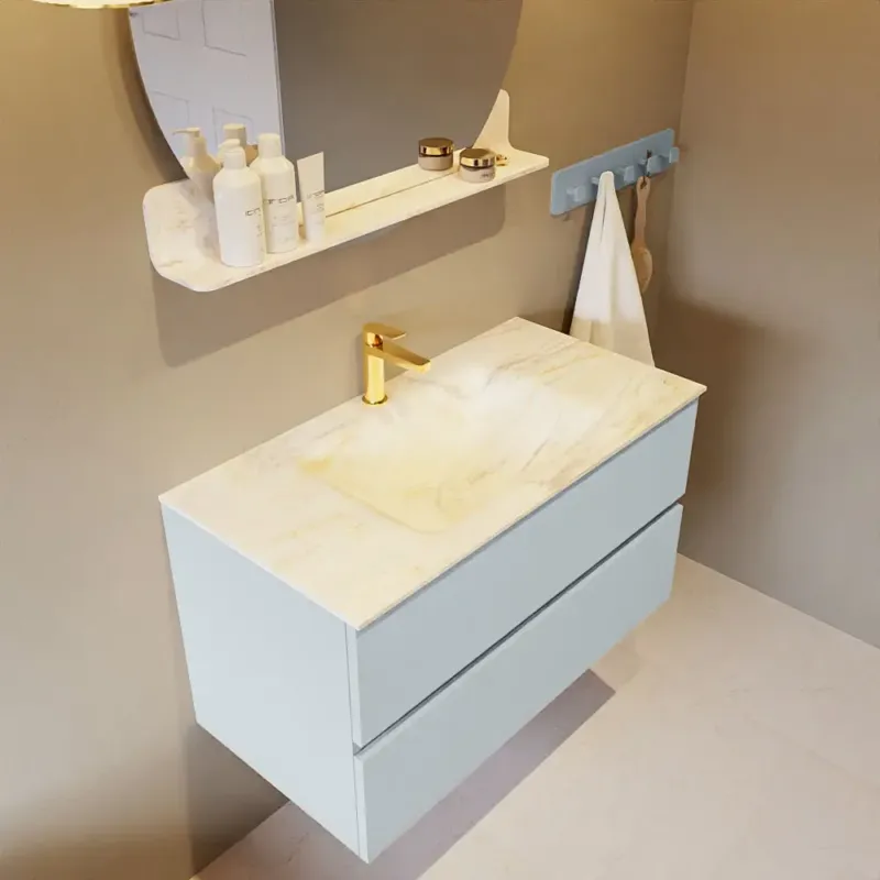 Gratis Retour Mondiaz Vica DLux badmeubel 90cm clay 2 lades met wastafel ostra midden 1 kraangat