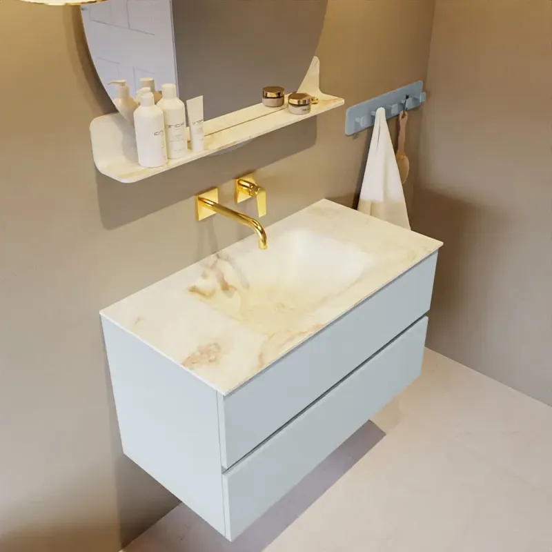 Mondiaz Vica DLux badmeubel 90cm clay 2 lades met wastafel frappe midden zonder kraangat Lage Kosten