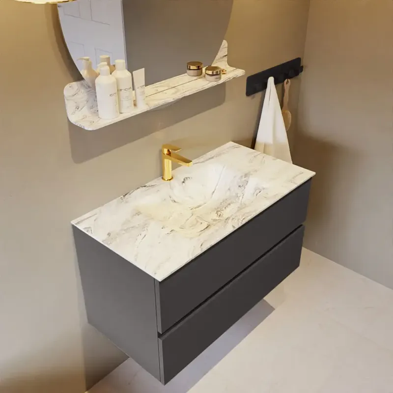 Beperkte Voorraad Mondiaz Vica DLux badmeubel 90cm dark grey 2 lades met wastafel glace midden 1 kraangat