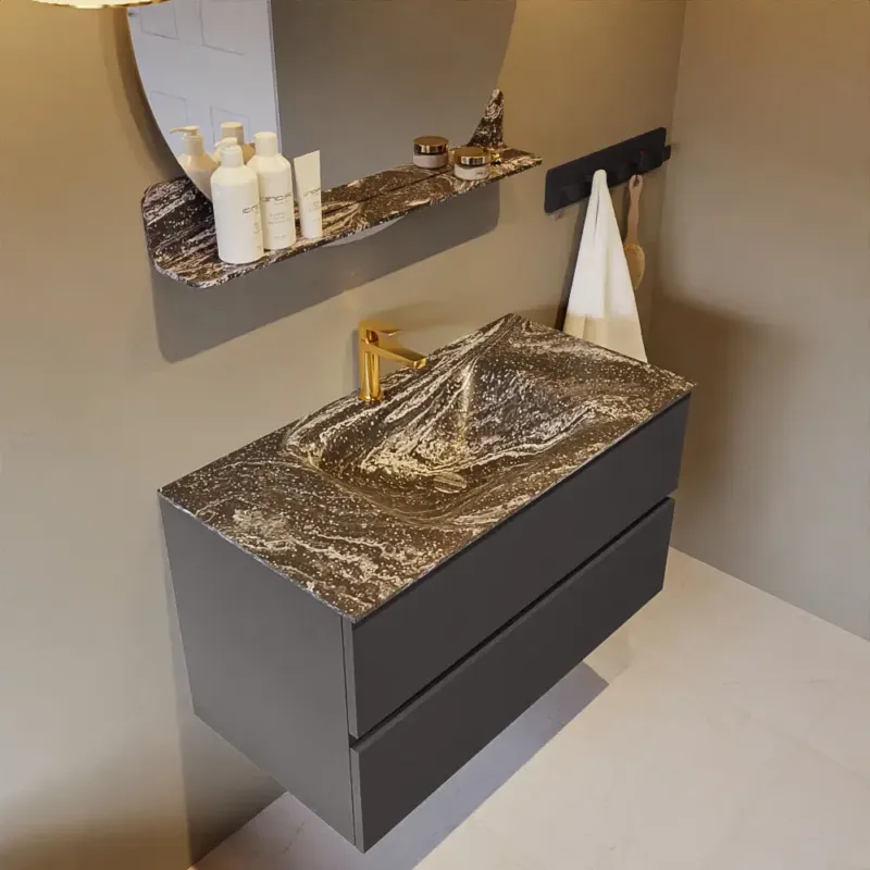 Goedkoop Mondiaz Vica DLux badmeubel 90cm dark grey 2 lades met wastafel lava midden 1 kraangat