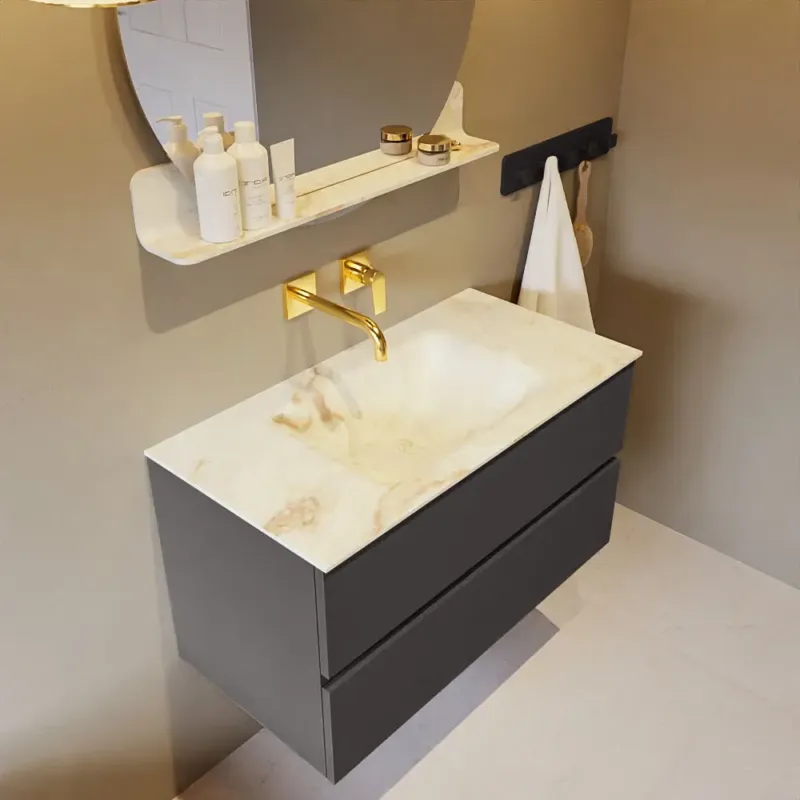 Mondiaz Vica DLux badmeubel 90cm dark grey 2 lades met wastafel frappe midden zonder kraangat Weekendaanbieding