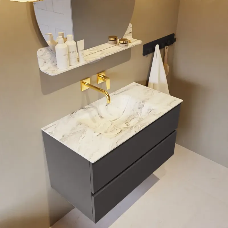 Gereduceerde Prijs Mondiaz Vica DLux badmeubel 90cm dark grey 2 lades met wastafel glace midden zonder kraangat
