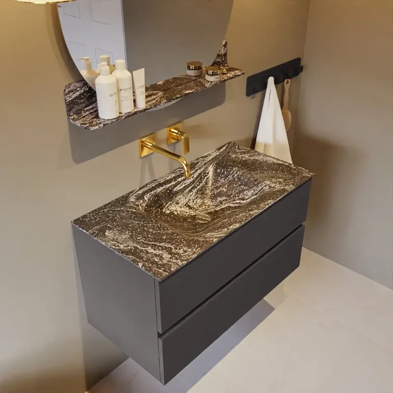 Mondiaz Vica DLux badmeubel 90cm dark grey 2 lades met wastafel lava midden zonder kraangat Fabrieksprijs
