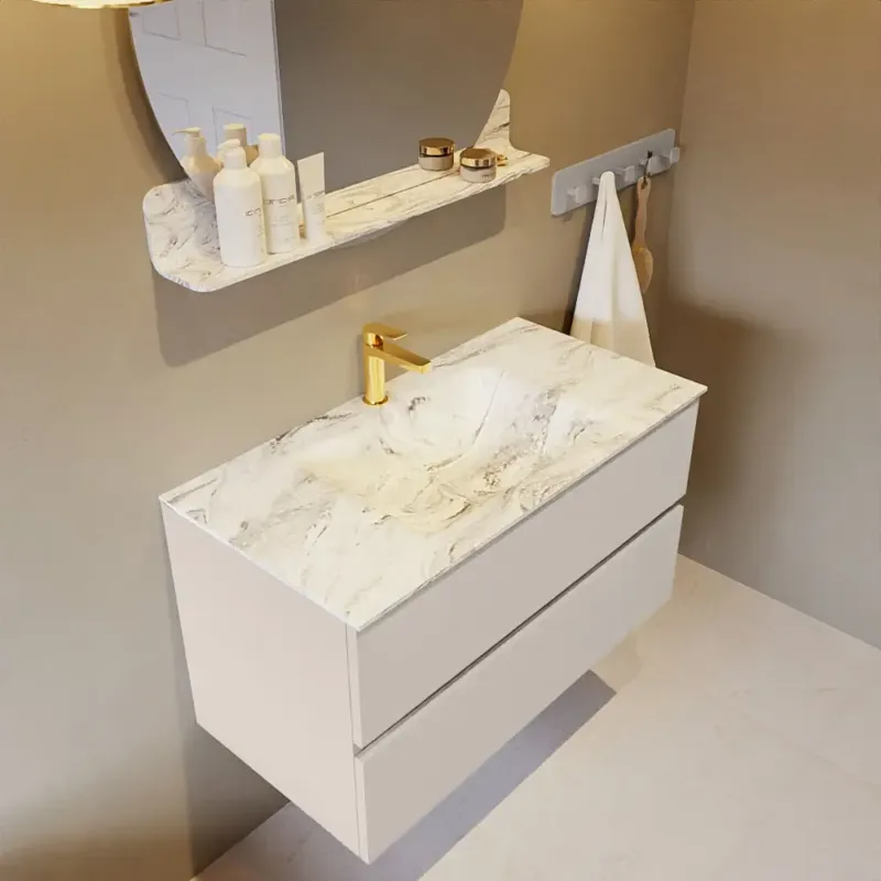 Mondiaz Vica DLux badmeubel 90cm linen 2 lades met wastafel glace midden 1 kraangat Express Levering