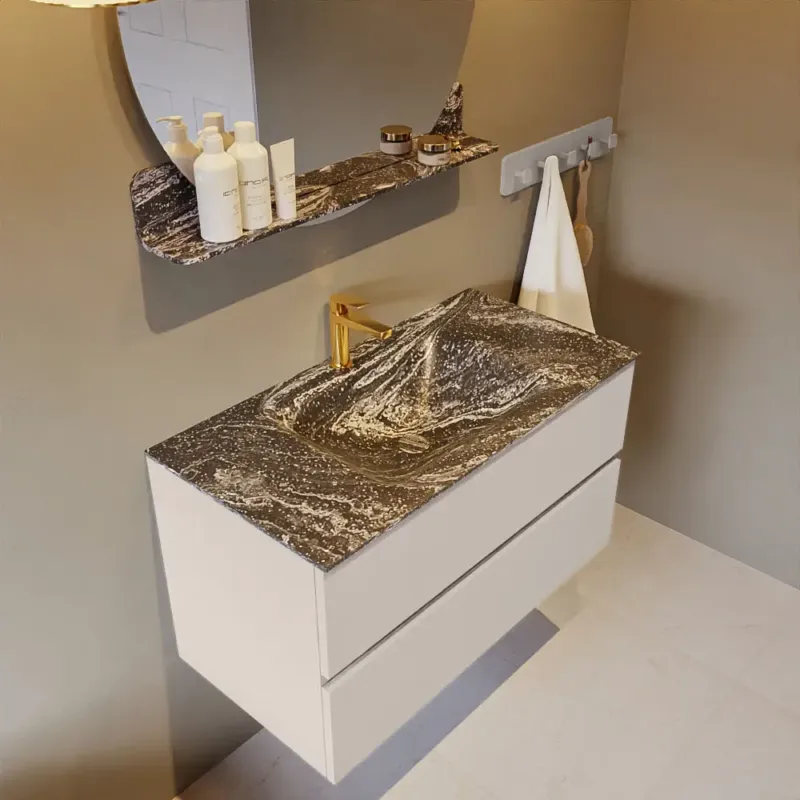 Mondiaz Vica DLux badmeubel 90cm linen 2 lades met wastafel lava midden 1 kraangat Laatste Kans