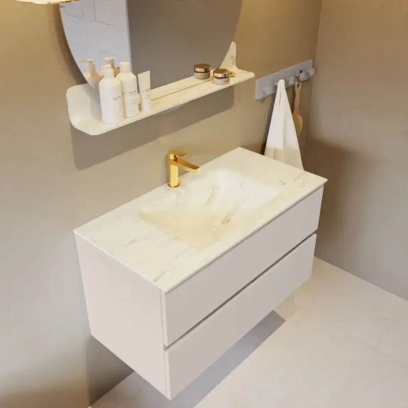 Uitverkoop Mondiaz Vica DLux badmeubel 90cm linen 2 lades met wastafel opalo midden 1 kraangat