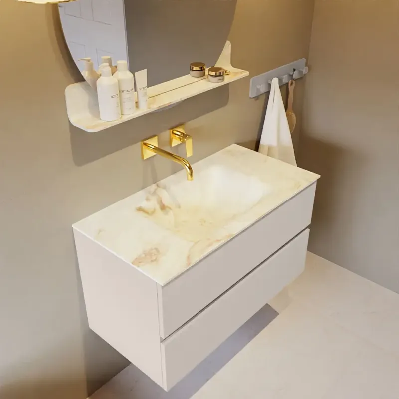 Mondiaz Vica DLux badmeubel 90cm linen 2 lades met wastafel frappe midden zonder kraangat Nieuw