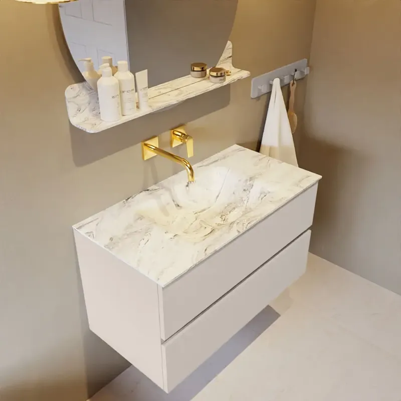 Mondiaz Vica DLux badmeubel 90cm linen 2 lades met wastafel glace midden zonder kraangat Direct Verzonden