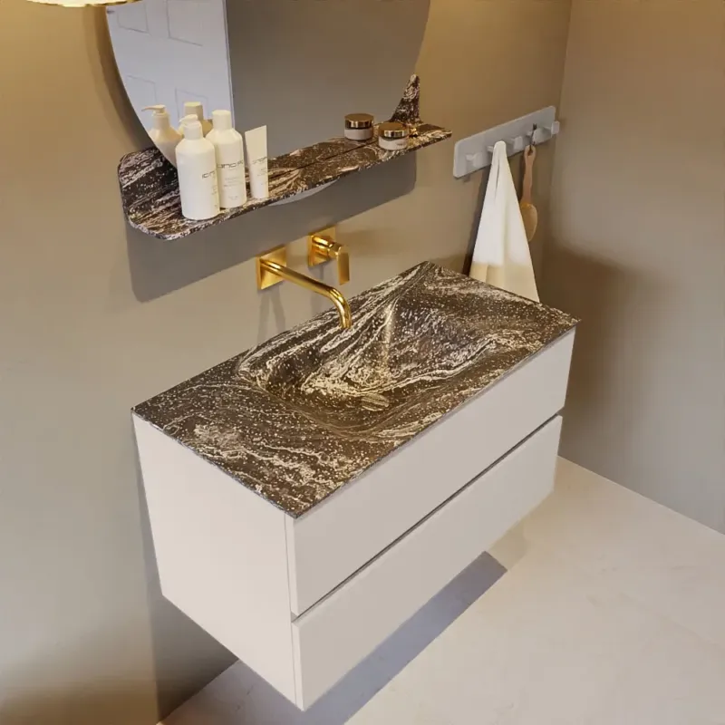 Mondiaz Vica DLux badmeubel 90cm linen 2 lades met wastafel lava midden zonder kraangat Direct Beschikbaar