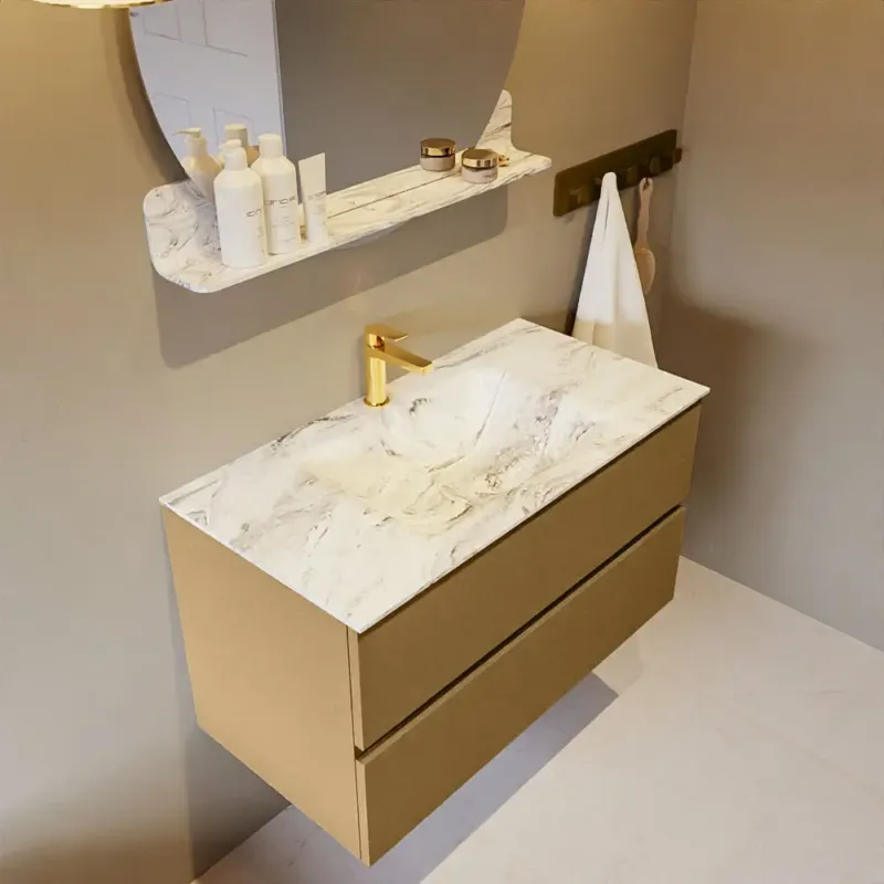 Direct Beschikbaar Mondiaz Vica DLux badmeubel 90cm oro 2 lades met wastafel glace midden 1 kraangat