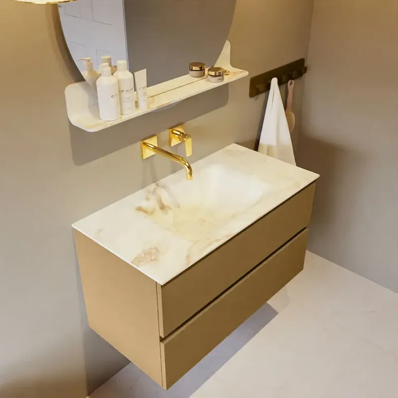 Betrouwbaar Mondiaz Vica DLux badmeubel 90cm oro 2 lades met wastafel frappe midden zonder kraangat