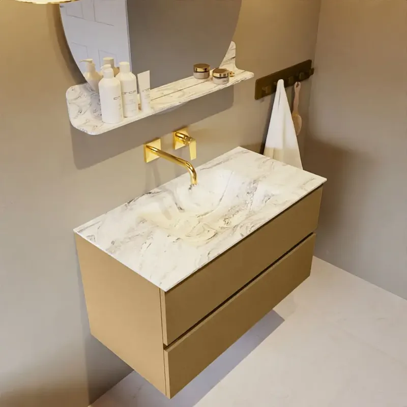 Mondiaz Vica DLux badmeubel 90cm oro 2 lades met wastafel glace midden zonder kraangat Gereduceerde Prijs