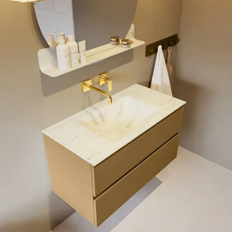 Gecertificeerd Mondiaz Vica DLux badmeubel 90cm oro 2 lades met wastafel opalo midden zonder kraangat