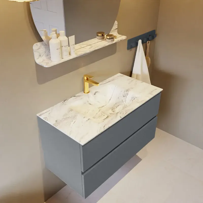 Mondiaz Vica DLux badmeubel 90cm plata 2 lades met wastafel glace midden 1 kraangat Voordeelprijs