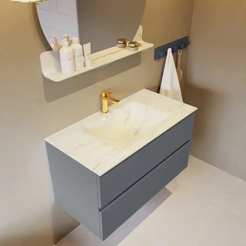 Speciale Aanbieding Mondiaz Vica DLux badmeubel 90cm plata 2 lades met wastafel opalo midden 1 kraangat