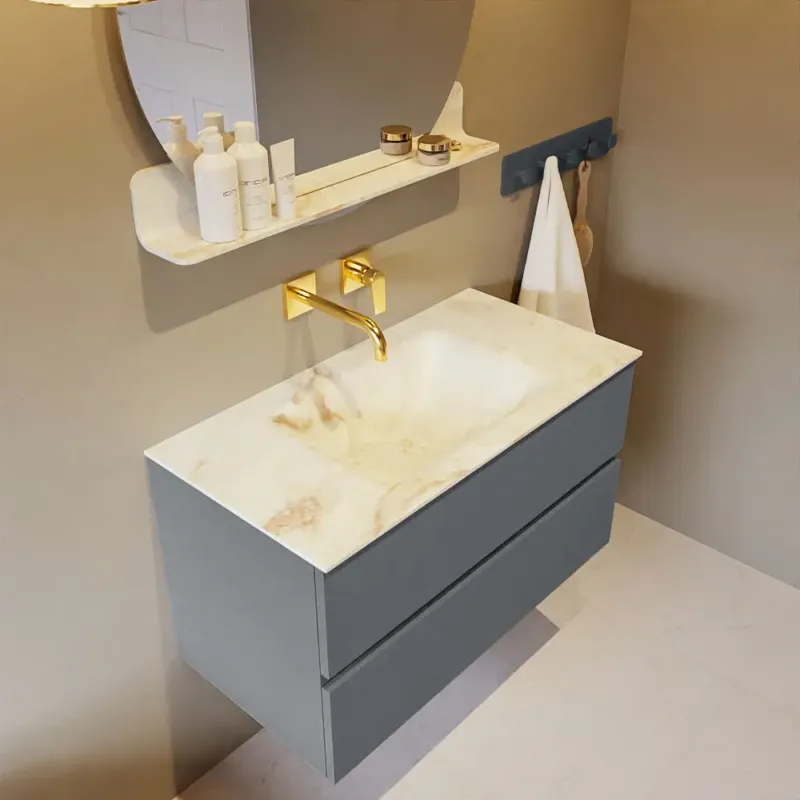 Mondiaz Vica DLux badmeubel 90cm plata 2 lades met wastafel frappe midden zonder kraangat Fabrieksprijs