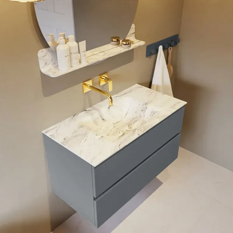 Mondiaz Vica DLux badmeubel 90cm plata 2 lades met wastafel glace midden zonder kraangat Uitverkoop