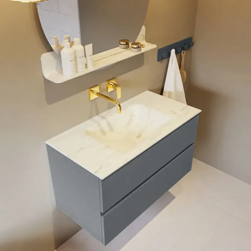 Aanbieding Mondiaz Vica DLux badmeubel 90cm plata 2 lades met wastafel opalo midden zonder kraangat