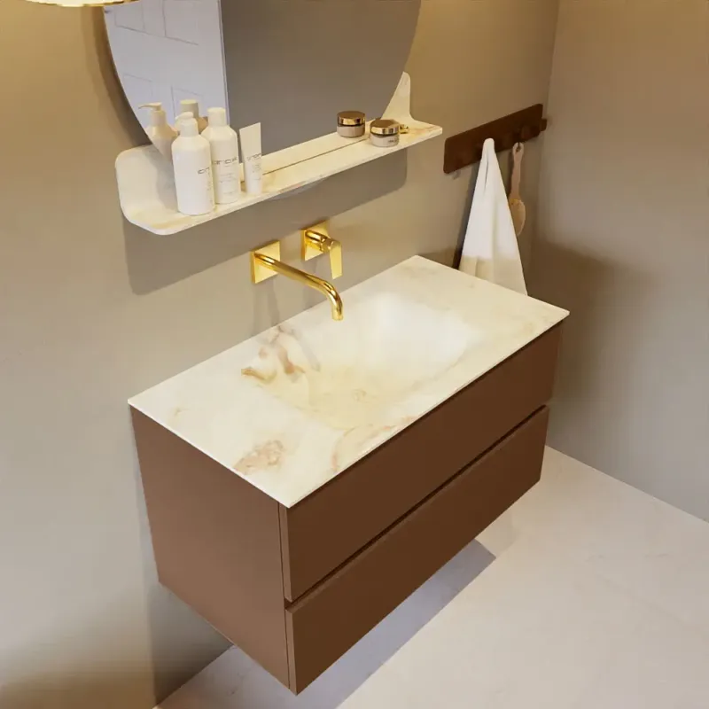 Bestseller Mondiaz Vica DLux badmeubel 90cm rust 2 lades met wastafel frappe midden zonder kraangat