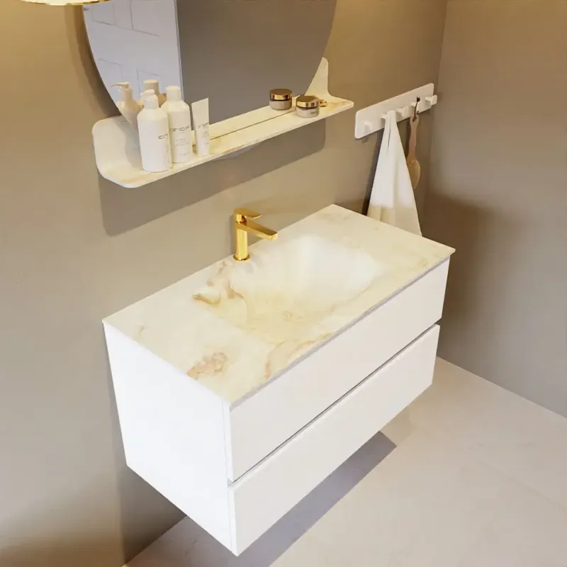 Mondiaz Vica DLux badmeubel 90cm talc 2 lades met wastafel frappe midden 1 kraangat Koopje