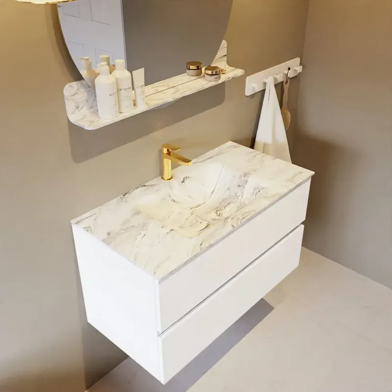 Exclusieve Aanbieding Mondiaz Vica DLux badmeubel 90cm talc 2 lades met wastafel glace midden 1 kraangat