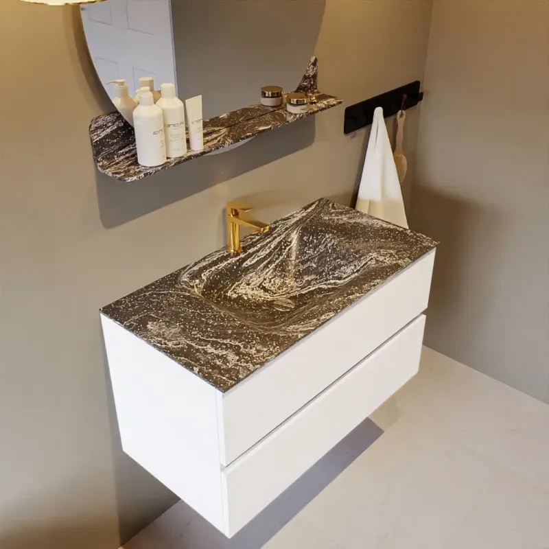 Superprijs Mondiaz Vica DLux badmeubel 90cm talc 2 lades met wastafel lava midden 1 kraangat