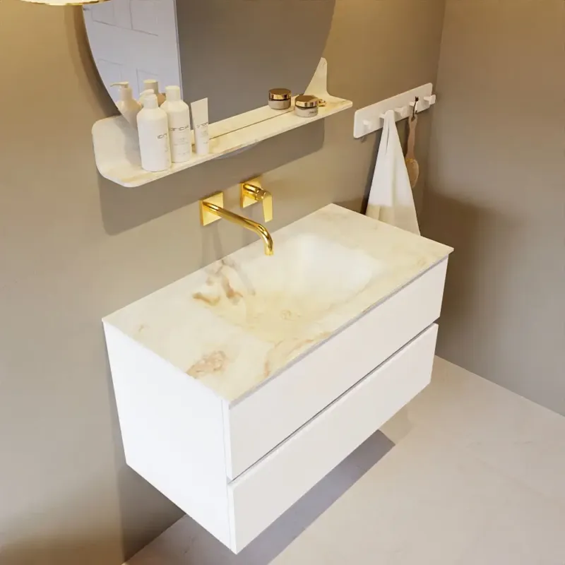 Betrouwbaar Mondiaz Vica DLux badmeubel 90cm talc 2 lades met wastafel frappe midden zonder kraangat