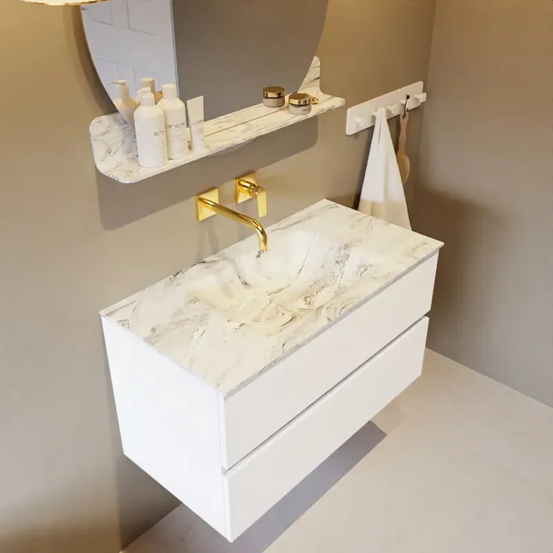 Weekendaanbieding Mondiaz Vica DLux badmeubel 90cm talc 2 lades met wastafel glace midden zonder kraangat