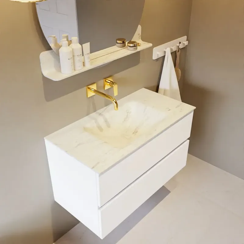 Mondiaz Vica DLux badmeubel 90cm talc 2 lades met wastafel opalo midden zonder kraangat Veilige Betaling