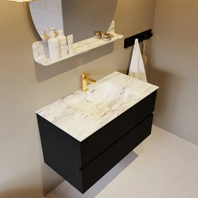 Gratis Retour Mondiaz Vica DLux badmeubel 90cm urban 2 lades met wastafel glace midden 1 kraangat