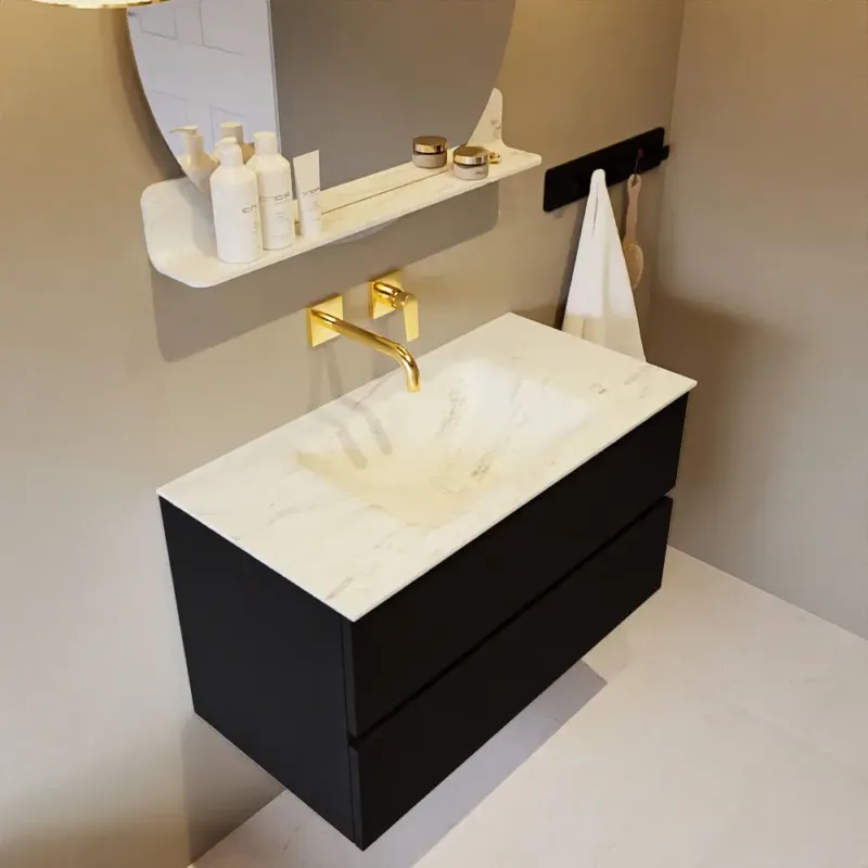 Dagaanbieding Mondiaz Vica DLux badmeubel 90cm urban 2 lades met wastafel opalo midden zonder kraangat