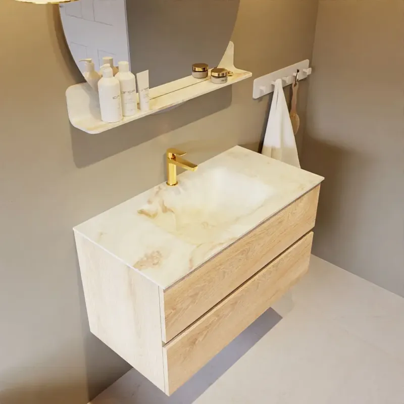 Mondiaz Vica DLux badmeubel 90cm washed oak 2 lades met wastafel frappe midden 1 kraangat Superprijs