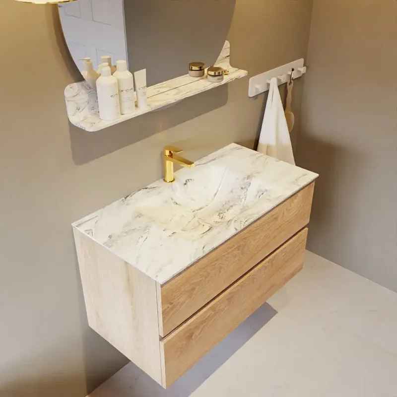 Mondiaz Vica DLux badmeubel 90cm washed oak 2 lades met wastafel glace midden 1 kraangat Dagaanbieding