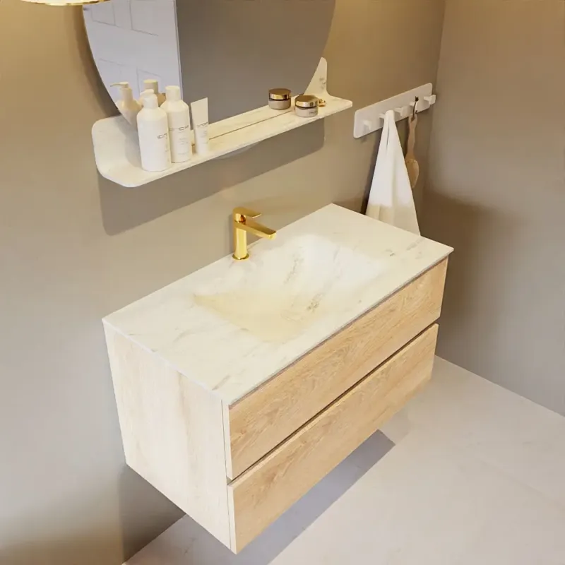 Mondiaz Vica DLux badmeubel 90cm washed oak 2 lades met wastafel opalo midden 1 kraangat Express Levering