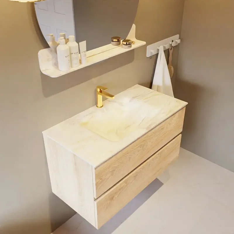 Alleen Vandaag Mondiaz Vica DLux badmeubel 90cm washed oak 2 lades met wastafel ostra midden 1 kraangat