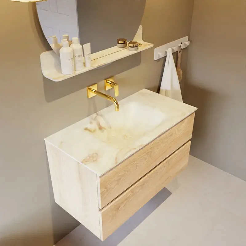 Mondiaz Vica DLux badmeubel 90cm washed oak 2 lades met wastafel frappe midden zonder kraangat Actieprijs